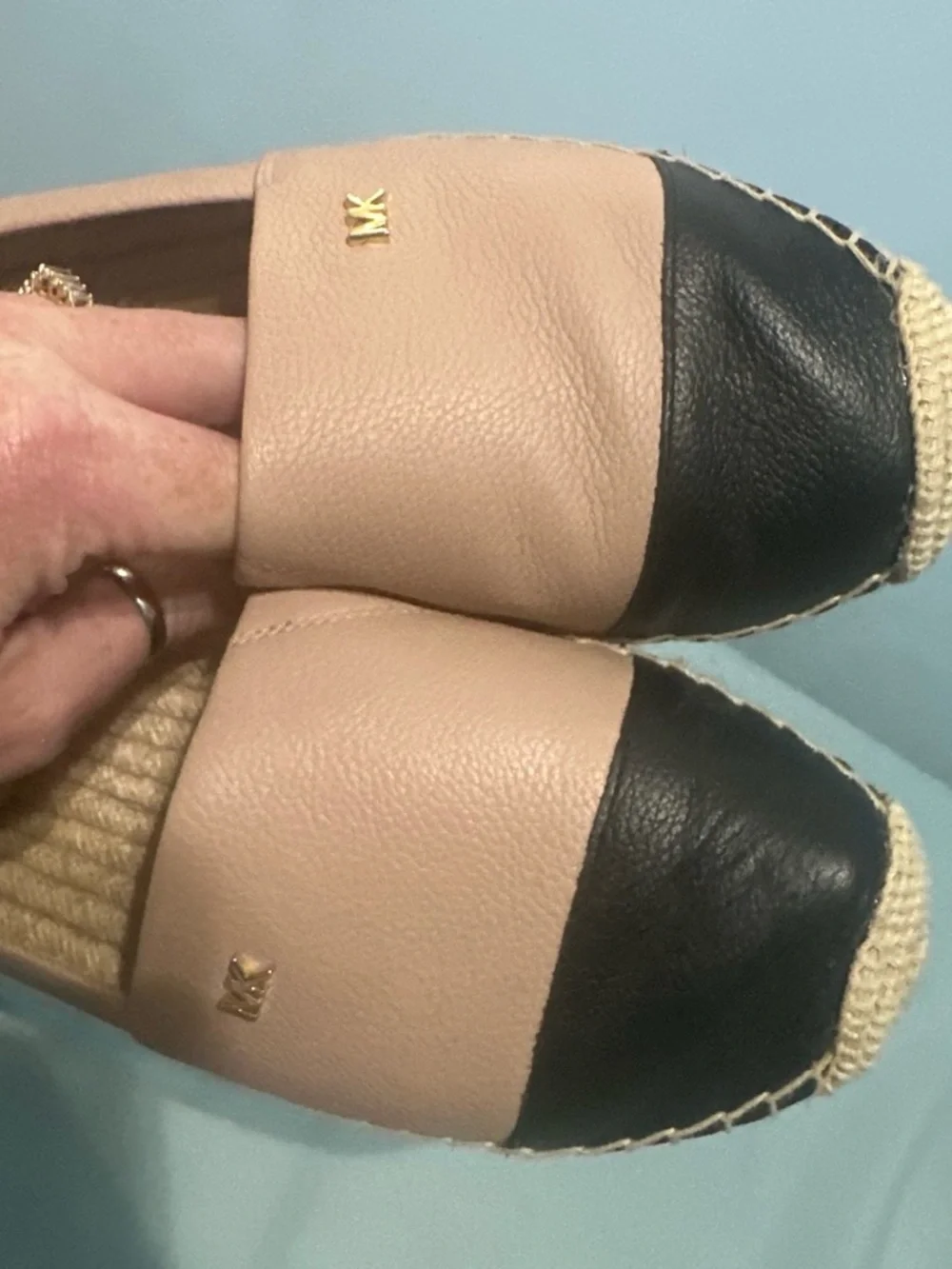 Michael Kors Pink and Black Leather Espadrille Flats with Gold MK Accent